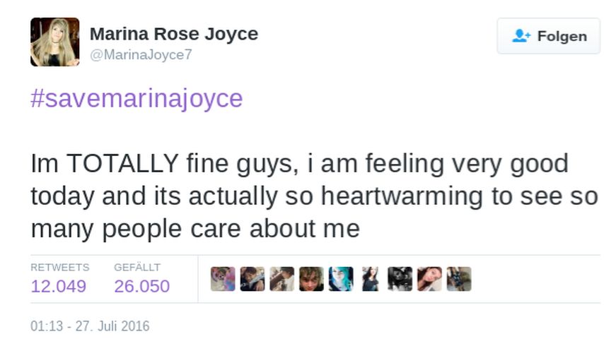 Marina Joyces Twitter-Statement